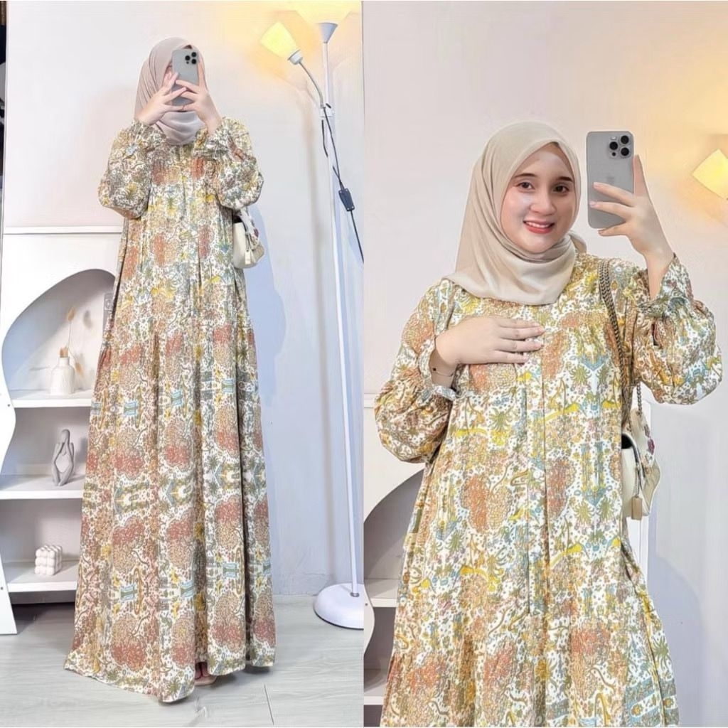 Gamis rayon motif premium//dress mewah busui rempel susun