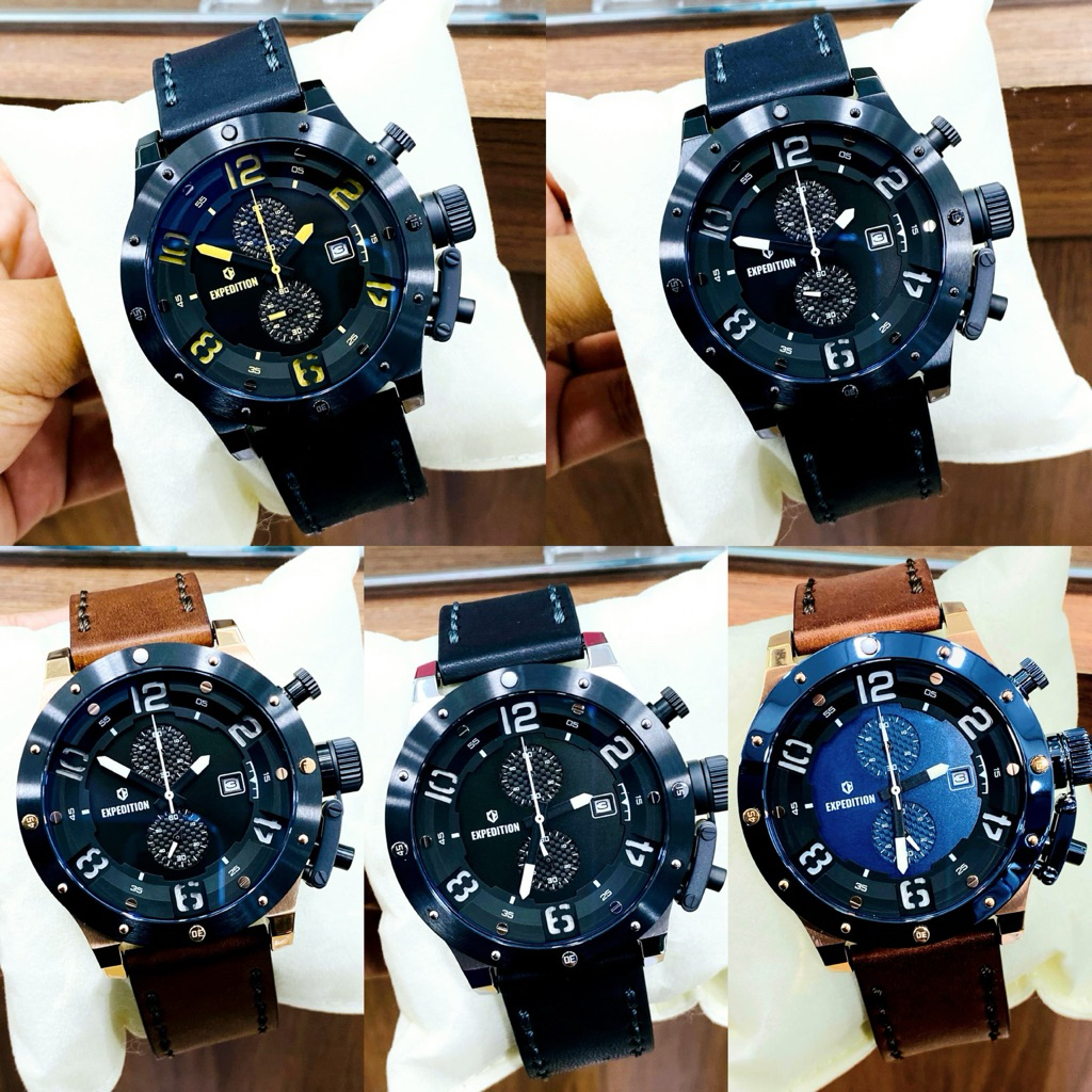 JAM TANGAN PRIA EXPEDITION E 6381 E6381 ROSEGOLD BLUE LEATHER BLACK ORIGINAL