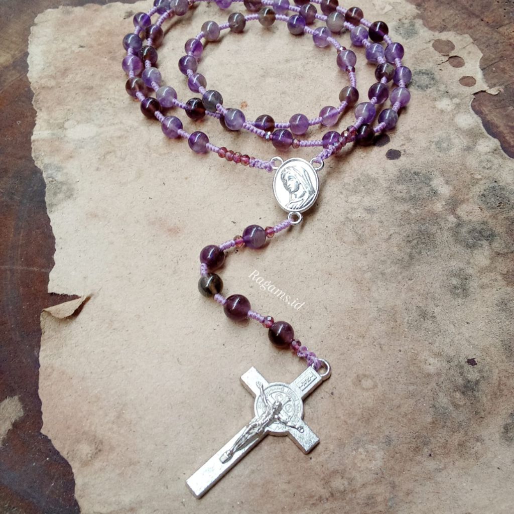 Kalung Rosario Batu Amethyst (Kecubung) Asli