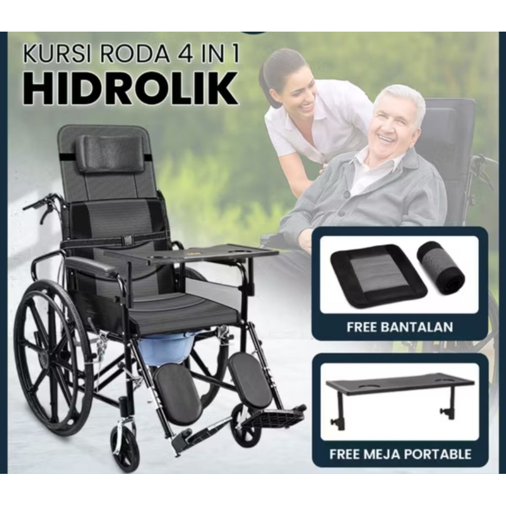 Kursi Roda BAB Plus Meja Makan HIDROLIK / Kursi Roda Rebah BAB / Kursi Roda 4 in 1 Toilet + Rebah + 