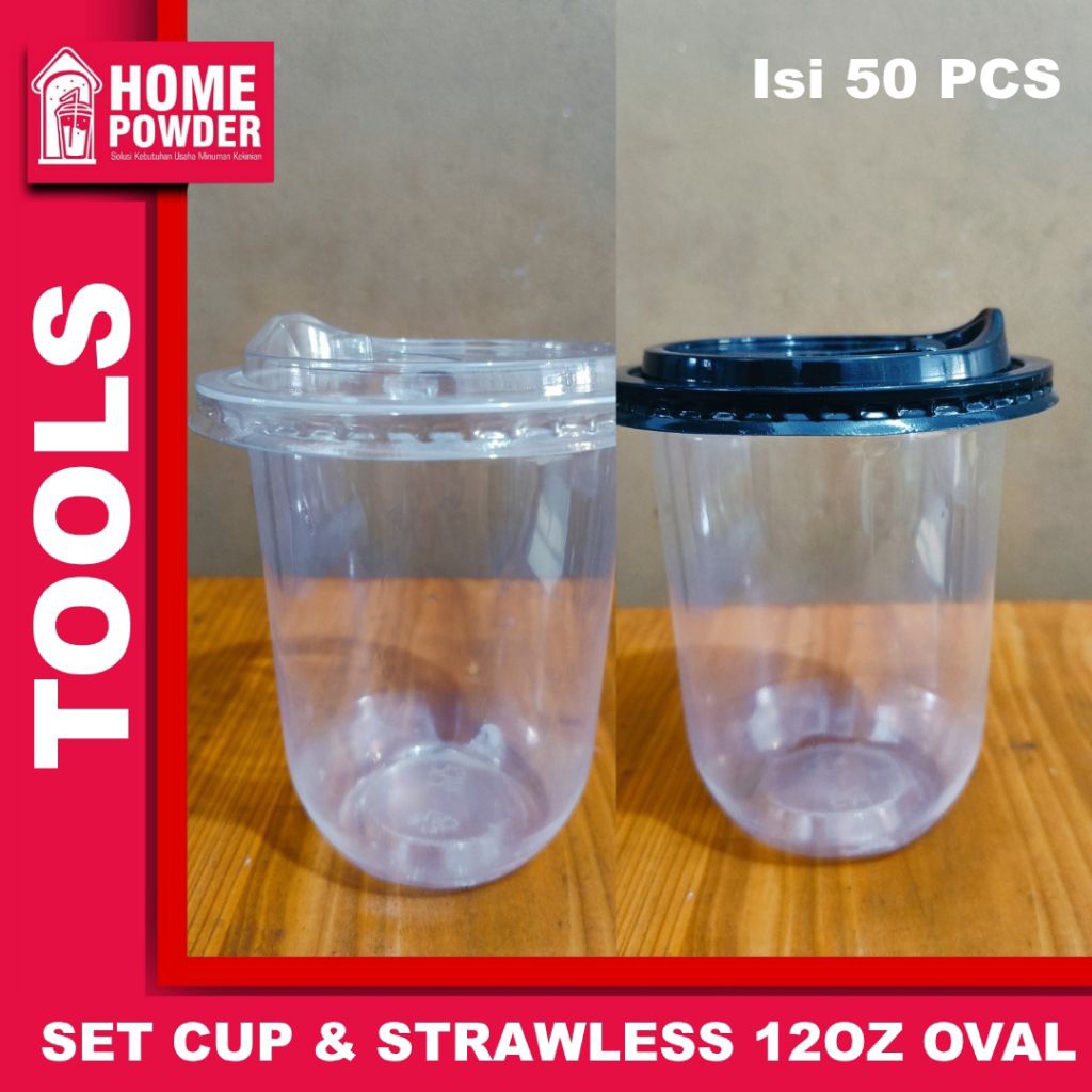 SP Satu Set Gelas Cup 12 oz Oval dan Tutup Strawless