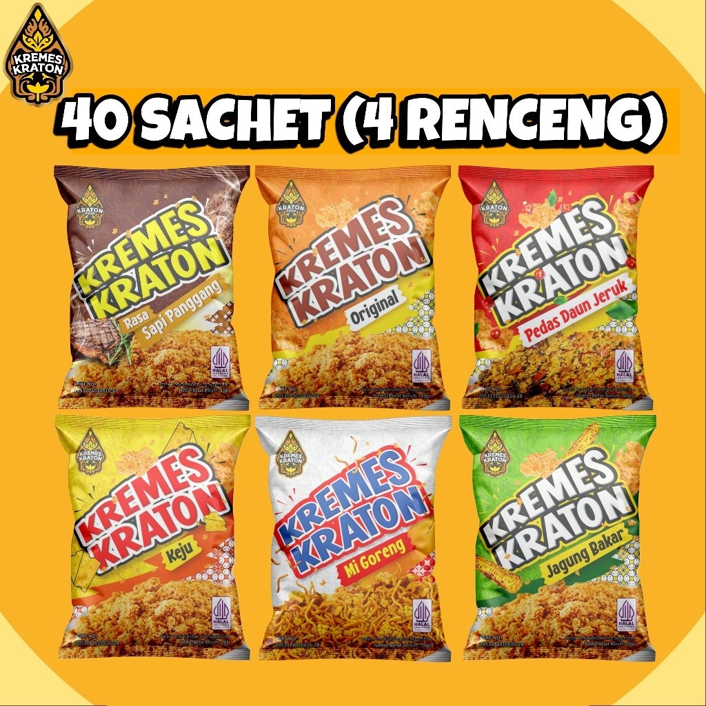 (40 Sachet) Kremes Kraton Sachet 16g - 4 Renceng Original, Pedas Daun Jeruk, Keju, Jagung Bakar, Sap
