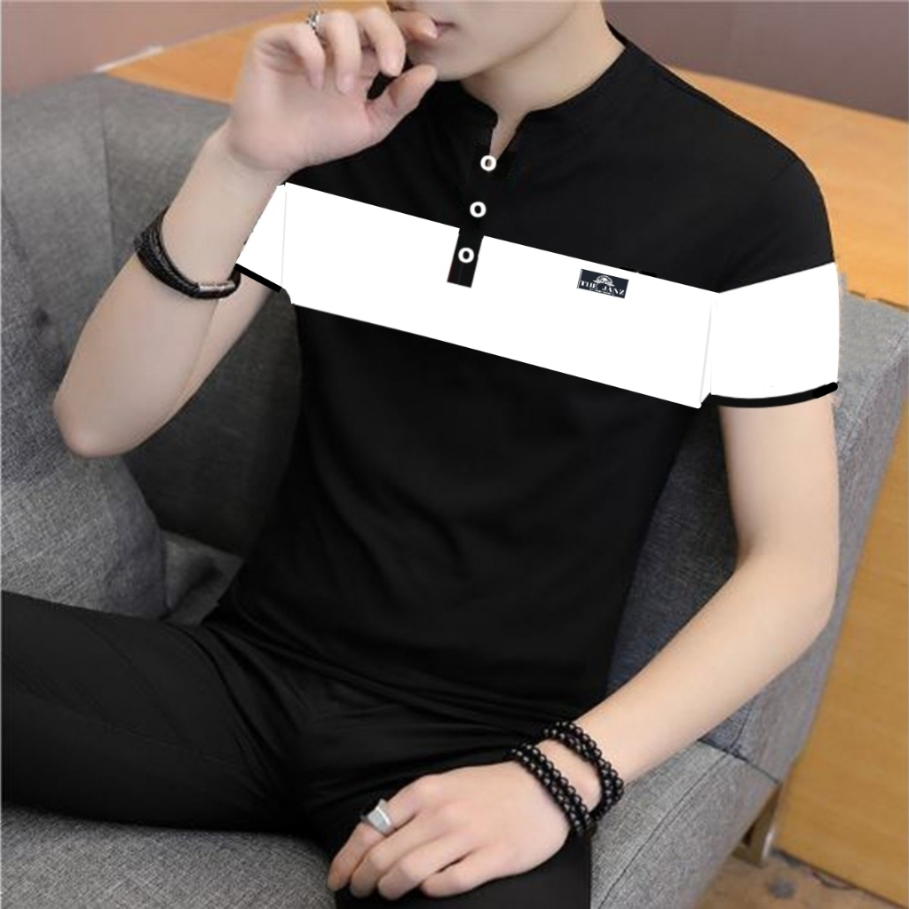 kaos distro pria kerah V neck  lengan pendek kombinasi /baju kaos pria terbaru kerah v neck