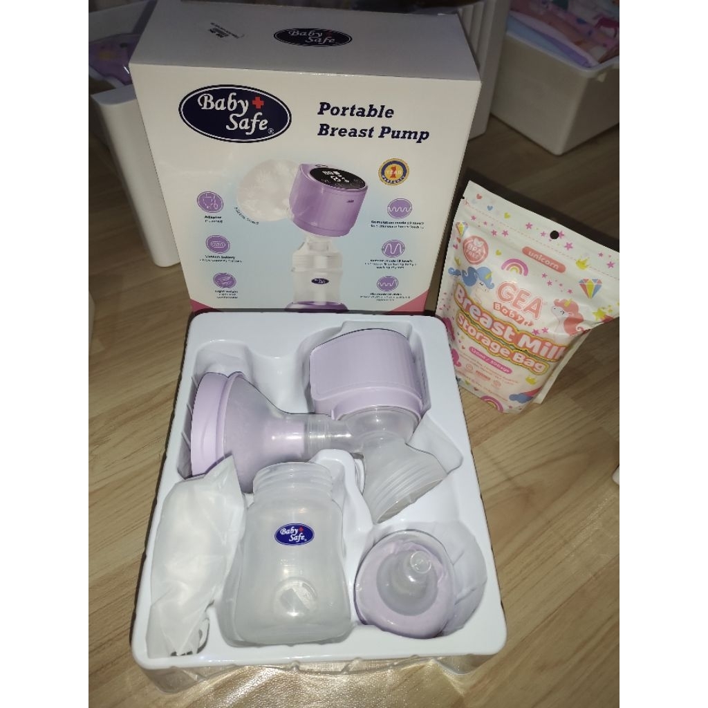 Baby safe portable breast pump, GRATIS kantong asi merk gea