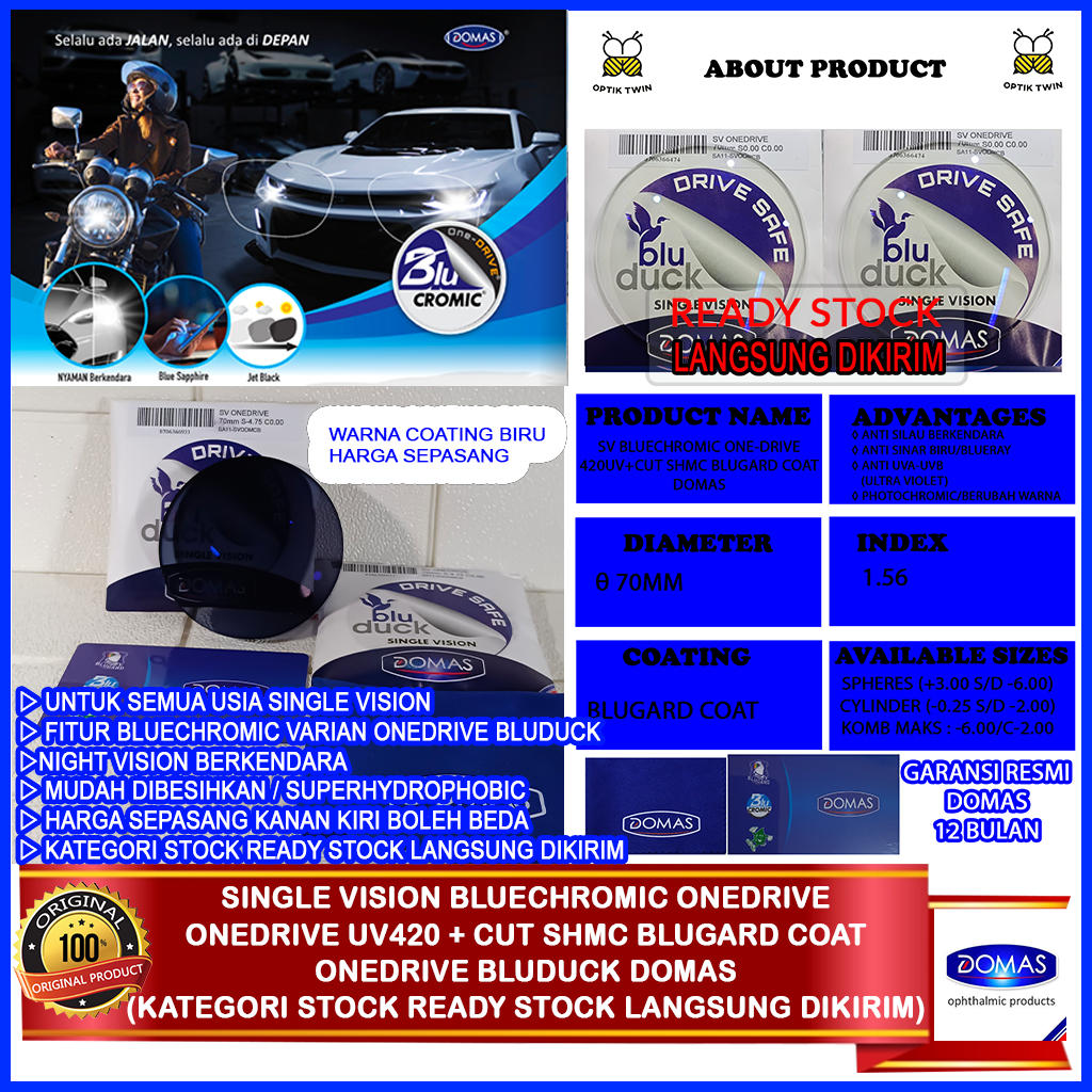 Domas Onedrive Single Vision Bluechromic Onedrive UV 420 Blugard Coat Domas Original Ready Stock