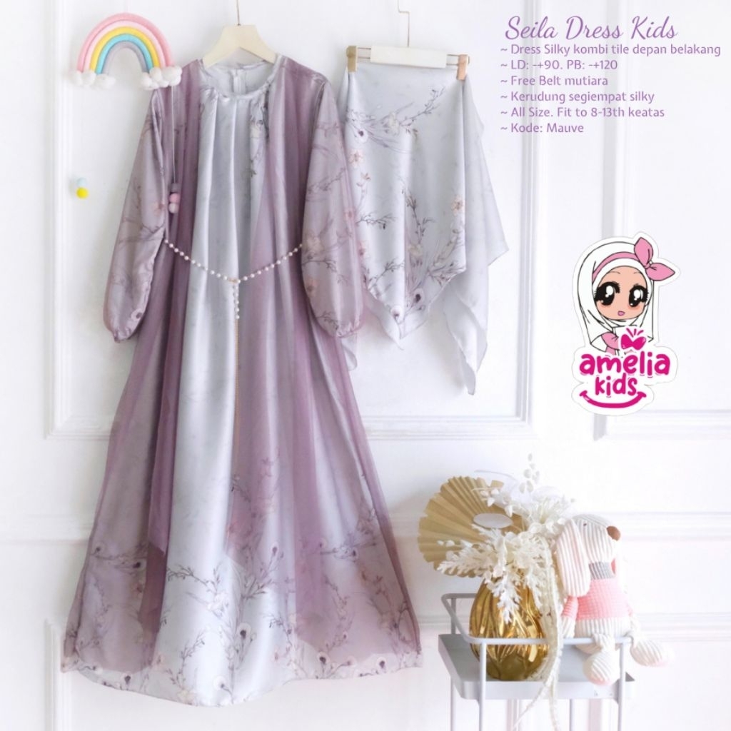 Seila Dress Kids by Amelia Kids, Baju Gamis Lebaran Anak Amelia Kids, Gamis Anak Set Jilbab, Baju An