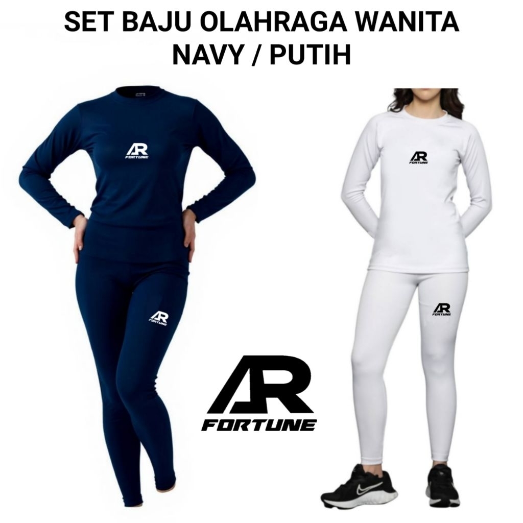 AR.FORTUNE - SET BAJU OLAHRAGA WANITA WARNA NAVY DAN PUTIH MANSET LENGAN PANJANG LEGGING RENANG LARI