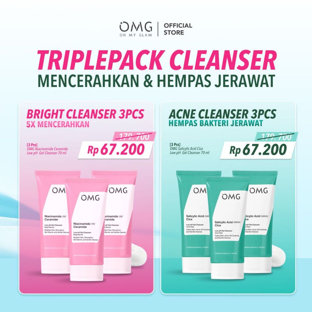 [TRIPLEPACK] OMG OH MY GLOW 3 Pcs Facewash Gel Cleanser - Bright & Acne Kit - Niacinamide Ceramide -