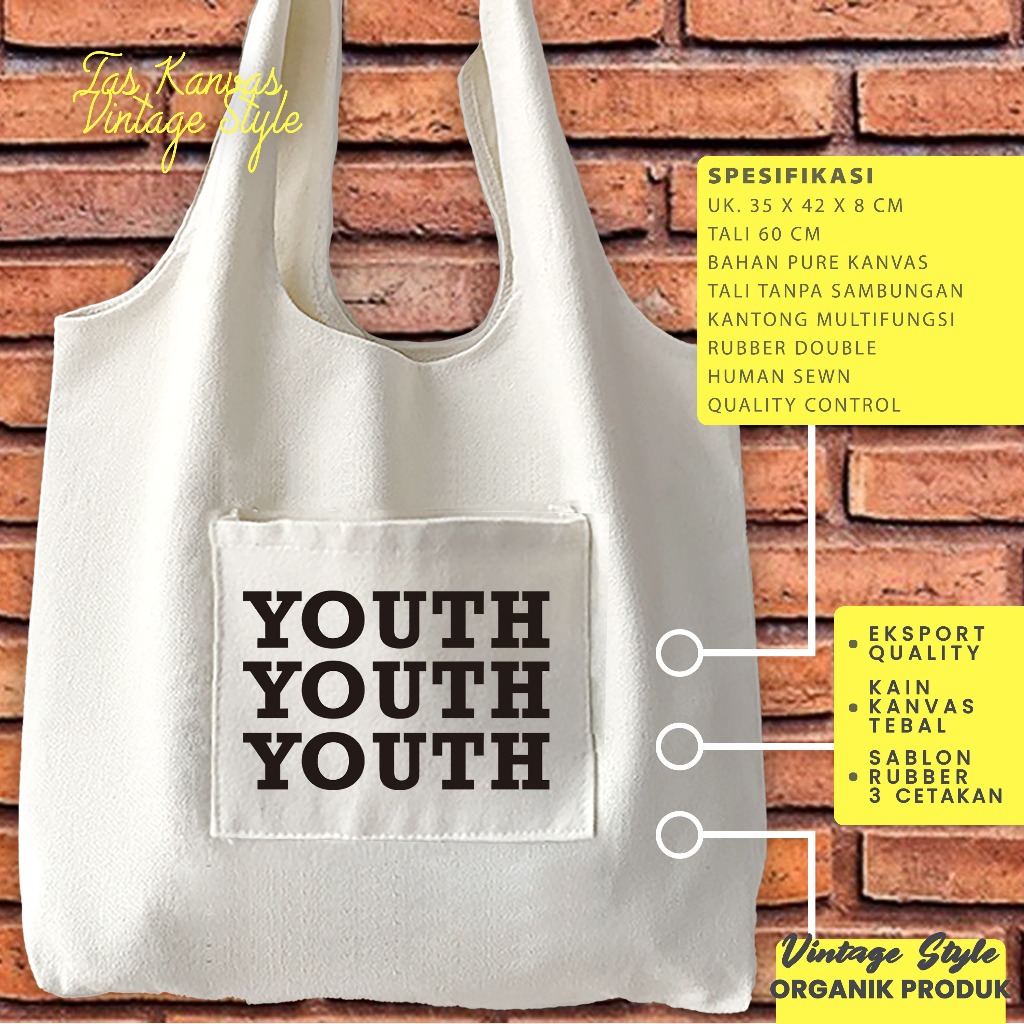 TOTE BAG KANTONG YOUTH – TAS KANVAS JUMBO / TOTE BAG KANTONG WANITA