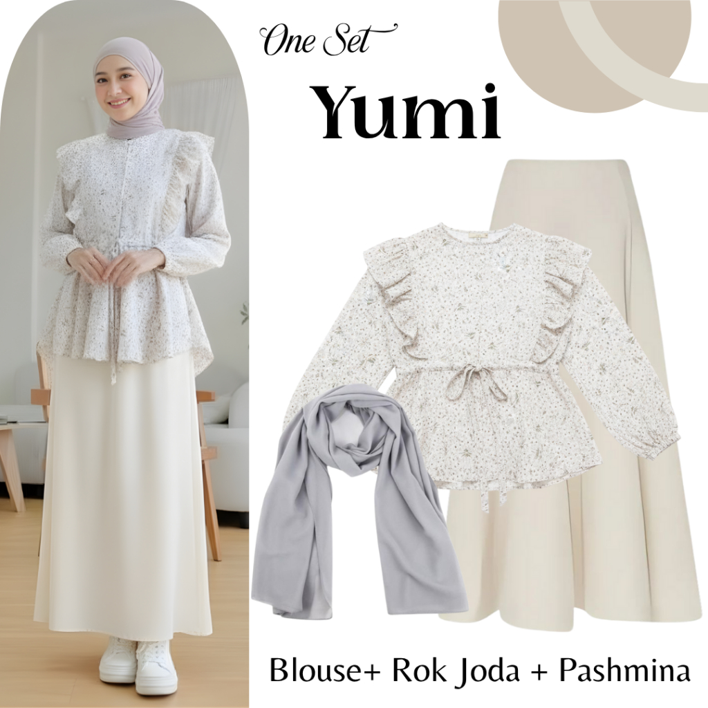 Yumi One Set BW107| OOTD Set Blouse Katun Rok Joda Pasmina Abu| Outfit Korean Hijab | Setelan Wanita