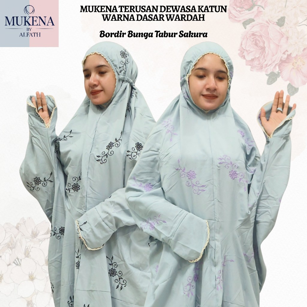 Mukena Terusan Dewasa Katun Mikro Super Soft Warna Biru Wardah Motif Bordir Bunga Sakura Daun Menawa