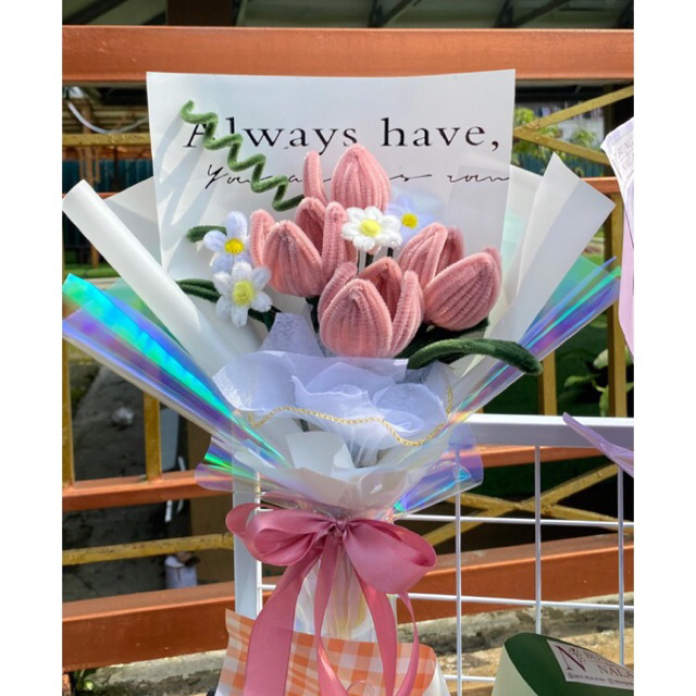 BUCKET BUNGA TULIP PINK BUKET BUNGA KAWAT BULU TULIP PINK