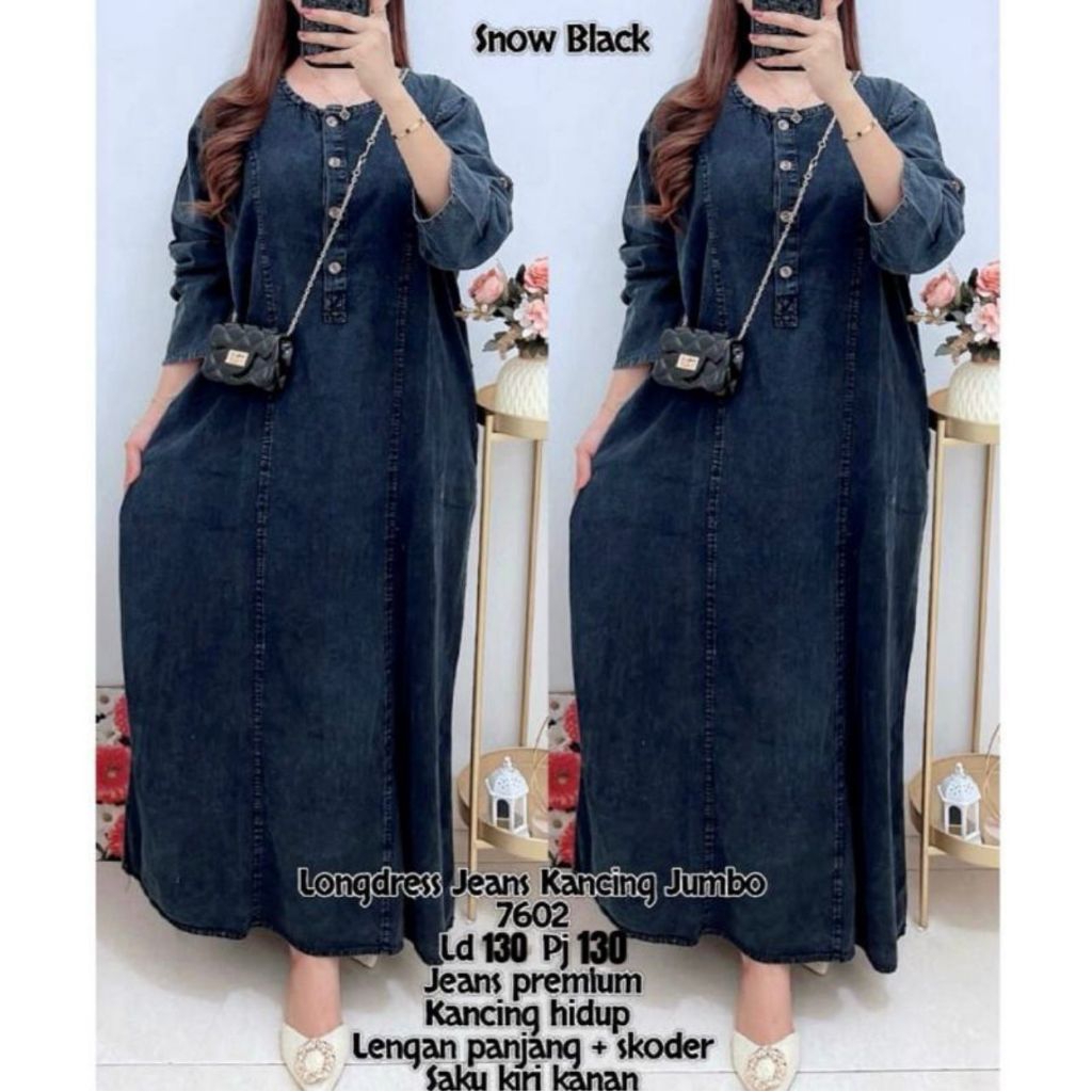 7602 LONGDRESS JEANS KANCING JUMBO WANITA |GAMIS LD130|GAMIS JEANS
