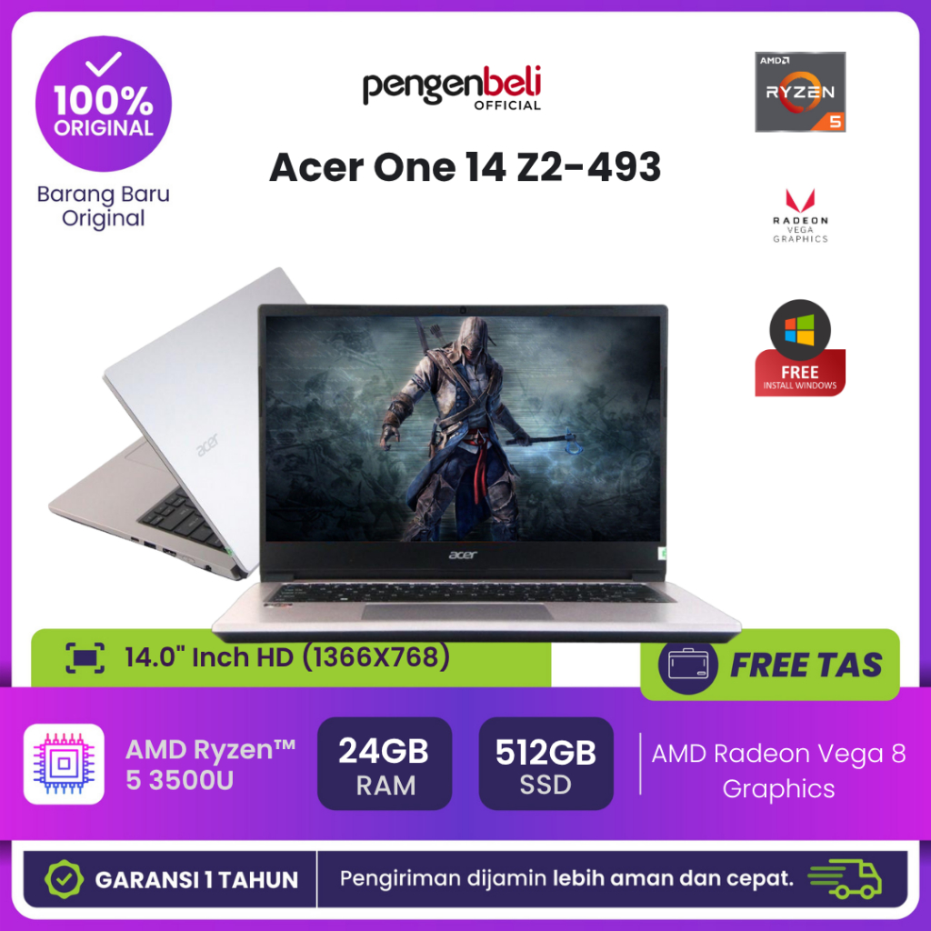 Laptop Kuliah Terjangkau AMD Ryzen 5 3500u Ram 24GB SSD 512GB 14" HD Free Install Windows 11 Bonus
