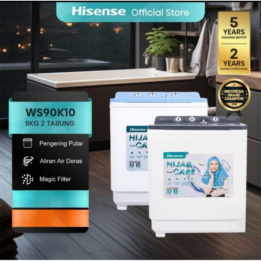 Hisense WS90K10 Mesin Cuci 2 Tabung 9kg Top Load Twin Tub