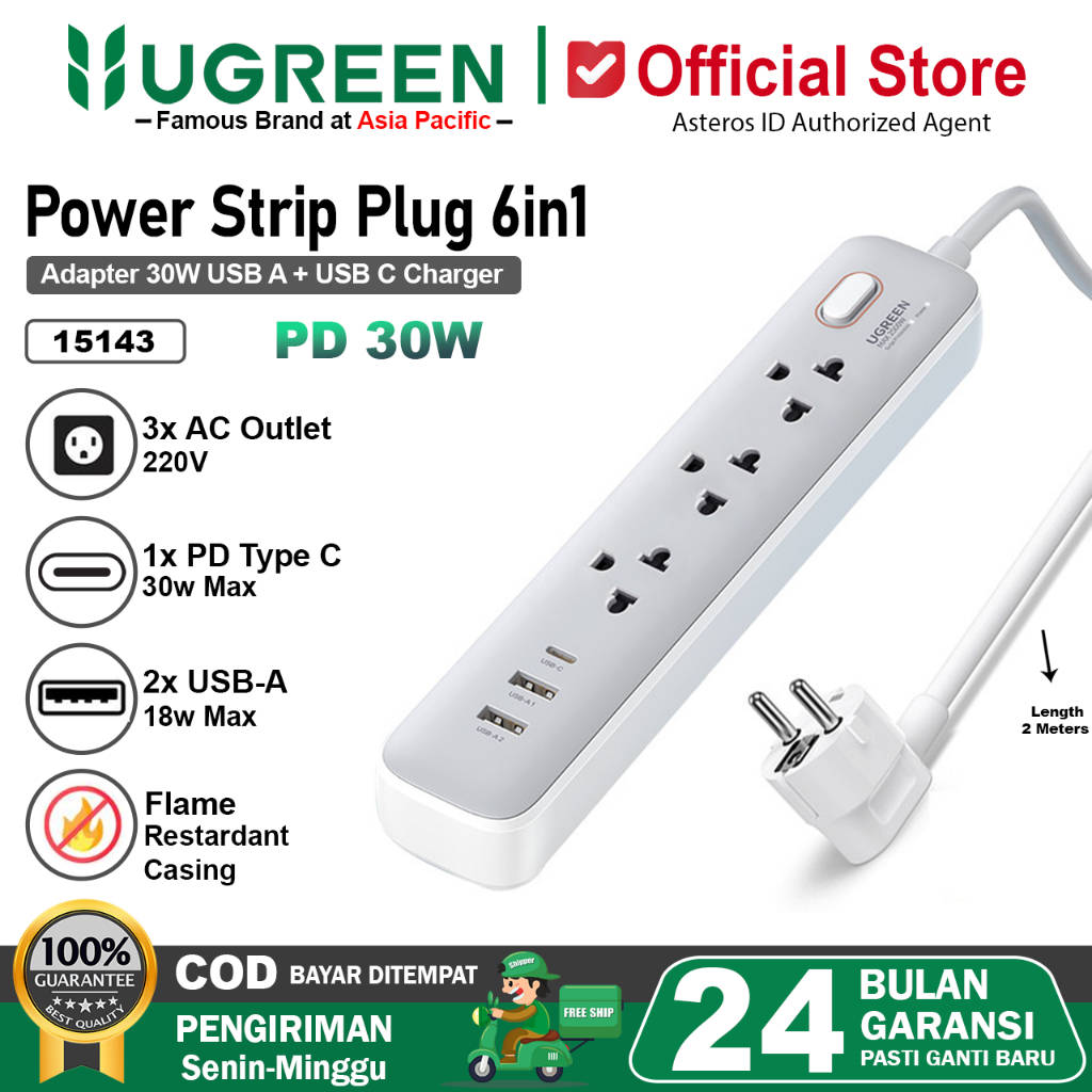UGREEN Power Strip 6 IN 1 Stop Kontak + Adapter 30W USB A USB C 15143