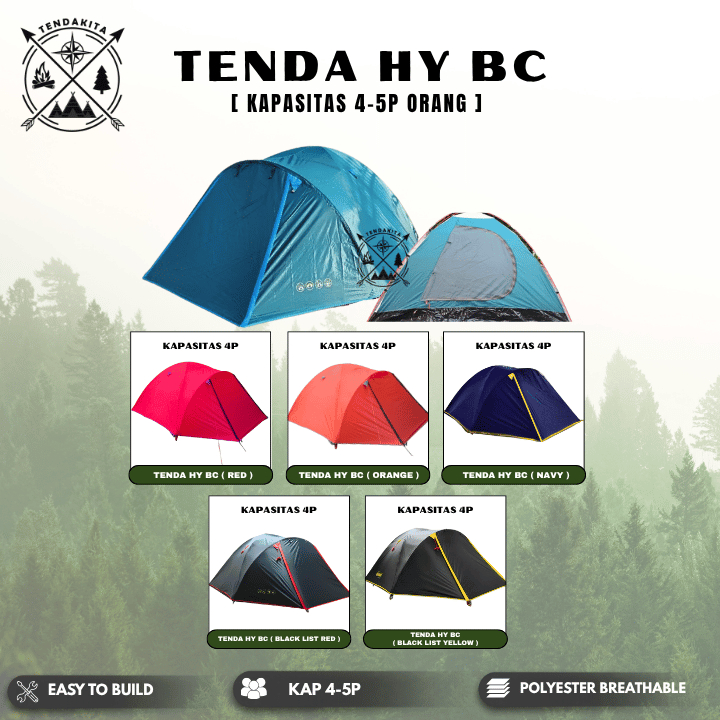 Tenda Camping Gunung Dome HY BC Waterproof Double Layer 4-5P Family Tent Outdoor Frame Fiber Kemping