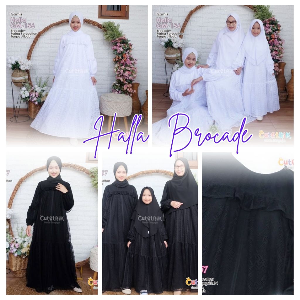 vs HALLA dress gamis putih polos gamis hitam polos bahan katun dan brokat adem mewah original Cutetr