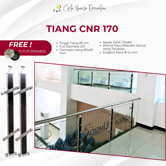 Tiang railing tangga stainless kayu kaca tempered