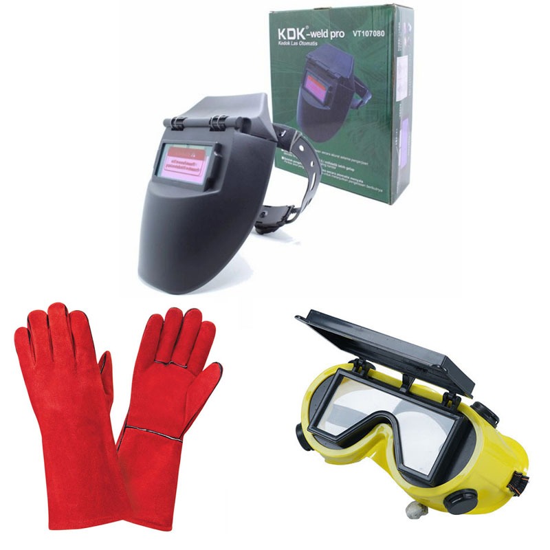 NEW PAKET HEMAT 3 item Sarung Tangan Las Kulit Merah + TOPENG Kedok Helm Las Auto Dark Otomatis