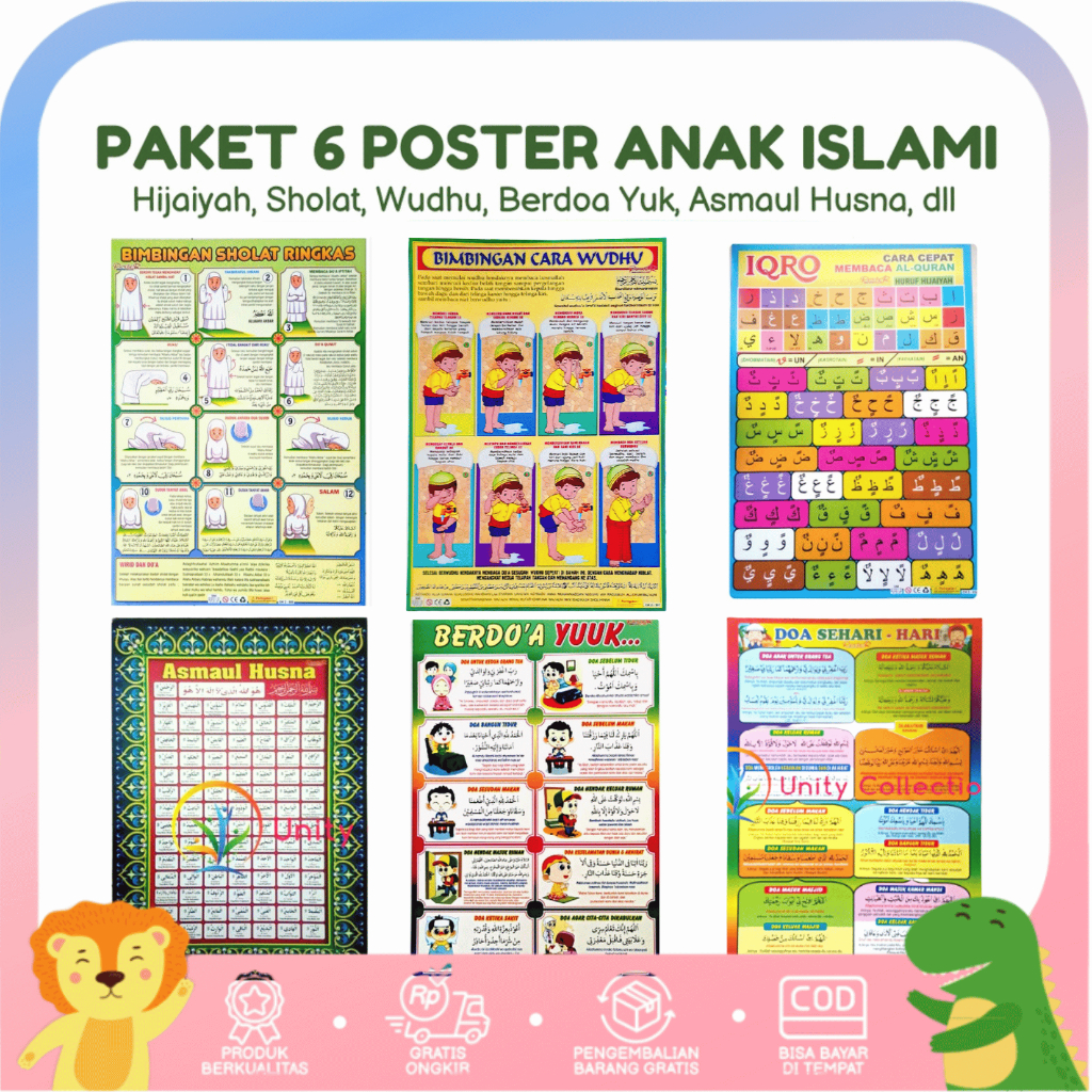 Paket 6 Poster Islami Poster Dinding Belajar Anak Edukasi Gambar Muslim Hijaiyah Doa