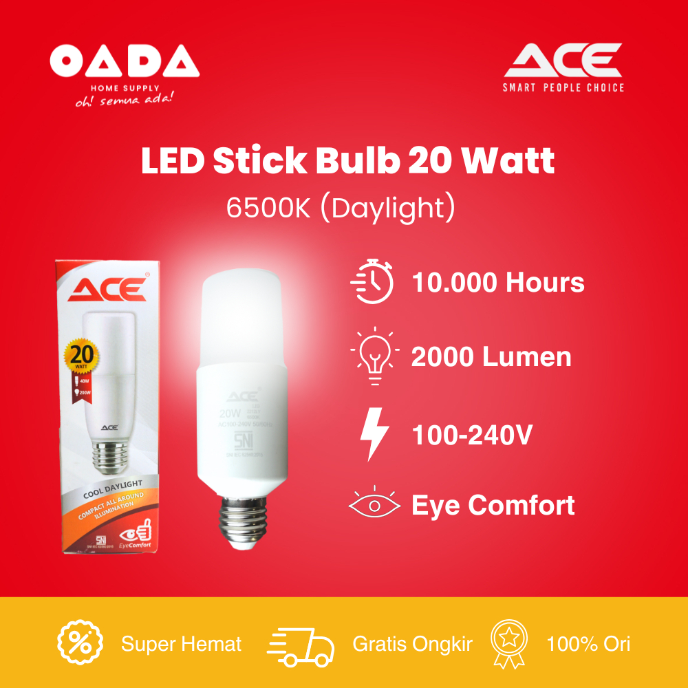[ISI 10 Pcs] ACE Lampu LED Stick 5 Watt 10 Watt 15 Watt 20 Watt Bohlam Panjang Cahaya Putih SNI Gara