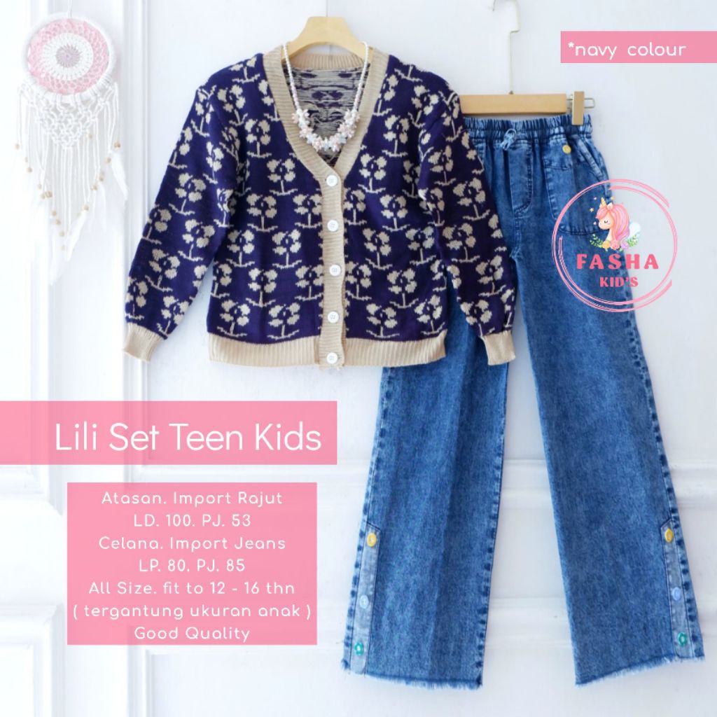 New Fasha Kids - Lili Set Cardigan Rajut Import Motif Kotak Kotak Set Korea Anak Remaja Kekinian