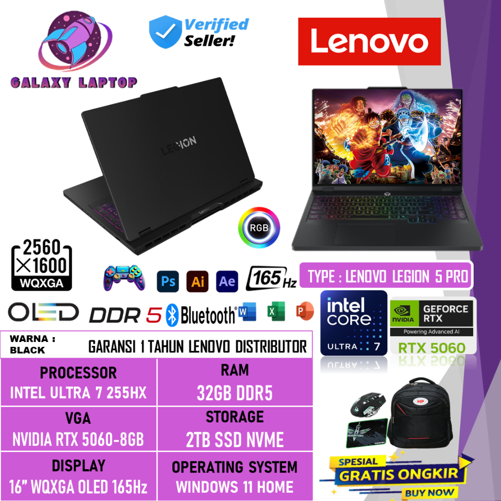 Laptop Lenovo Legion 5 Pro 16 Intel Ultra 7 255HX 32GB 2TB SSD RTX5060-8GB 16 Inch WQXGA OLED 165Hz