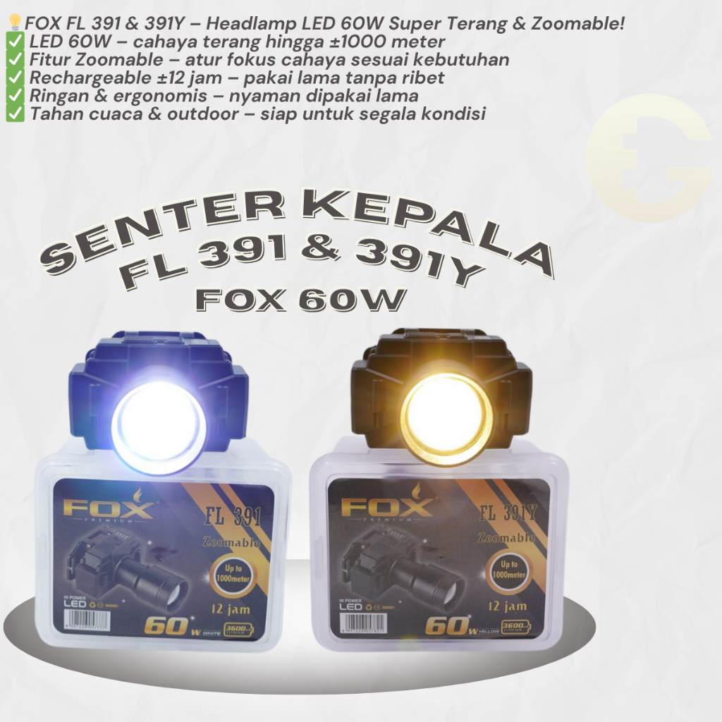 Senter Kepala LED FOX FL 391 & 391Y – Headlamp Cas Rechargeable 60W Super Terang, Zoomable