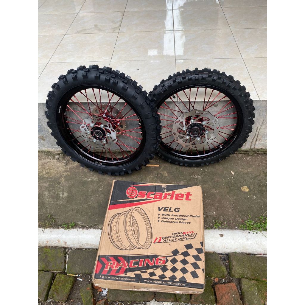 Paket Wheelset Trabas RBT Tromol KLX Velg Scarlet 160/185 Ring 17 Ban Primax Offroad