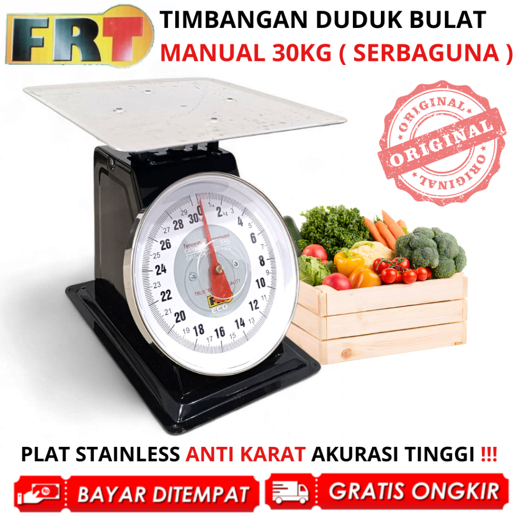 FRT Timbangan Duduk Jarum Manual 30 Kg Timbangan Pasar Buah Sayur Laundy Plat Datar Rata Stainless