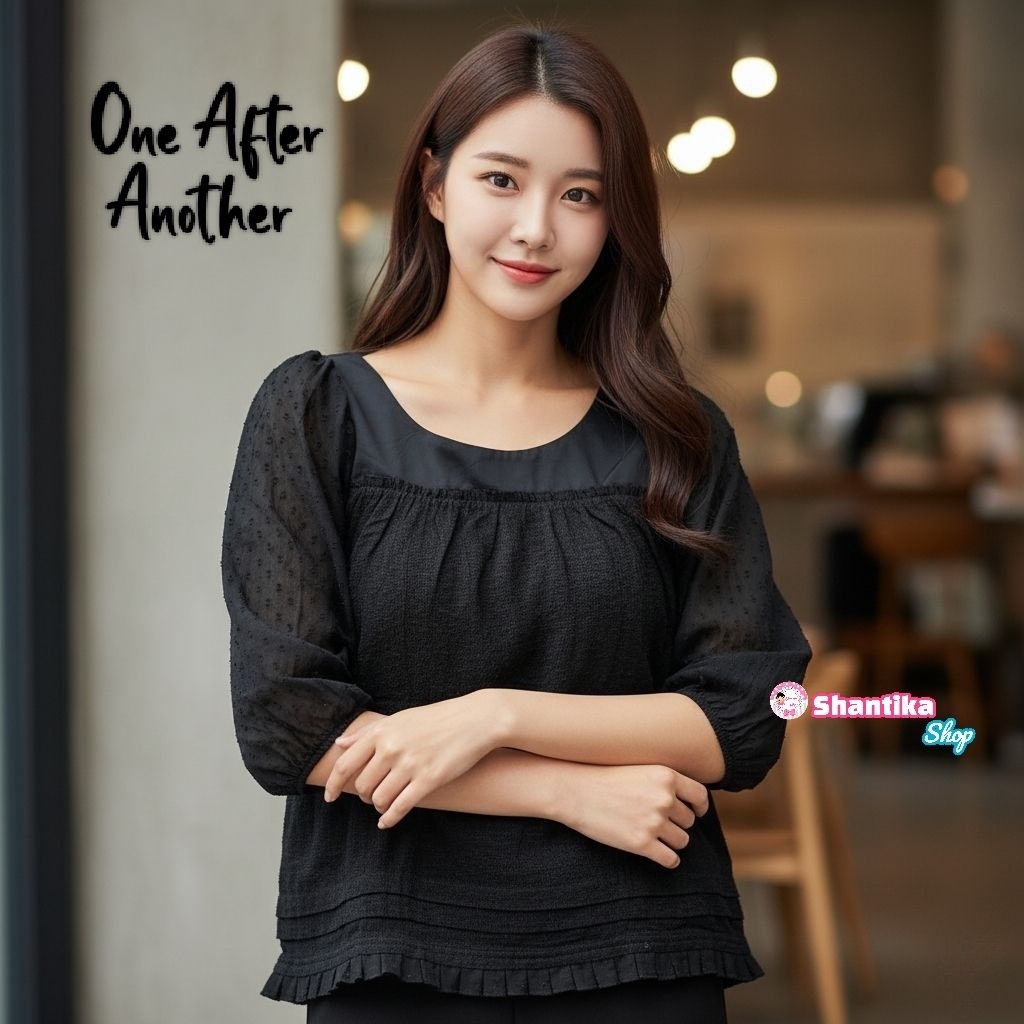 Like New | One After Another Blus Atasan Wanita Lengan Balon Polkadot Hitam