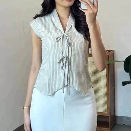 Blaire Kemeja Vest Wanita Stripe Blus Garis-Garis KeKinian