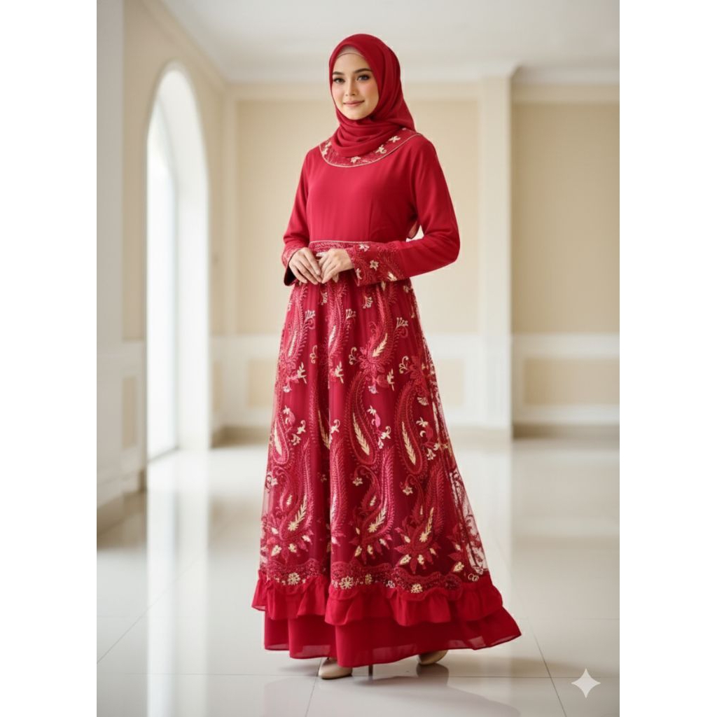 Gamis Pesta Mewah Merah Marun Tile Bordir Emas Long Dress Kondangan Muslimah Premium).