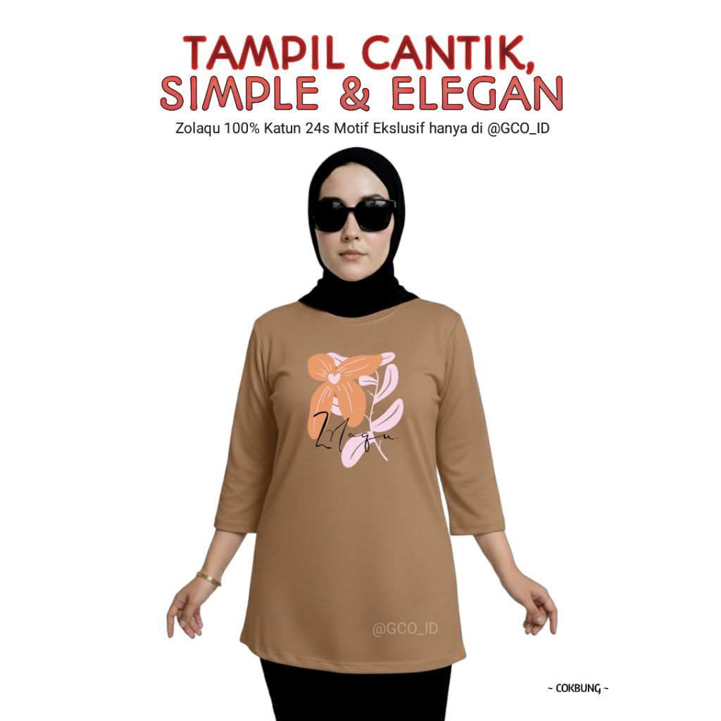 Semitunik Zolaqu Original Wanita Terbaru 2025 Motif Ekslusif | Kaos T-shirt Coklat Bunga Lengan Panj