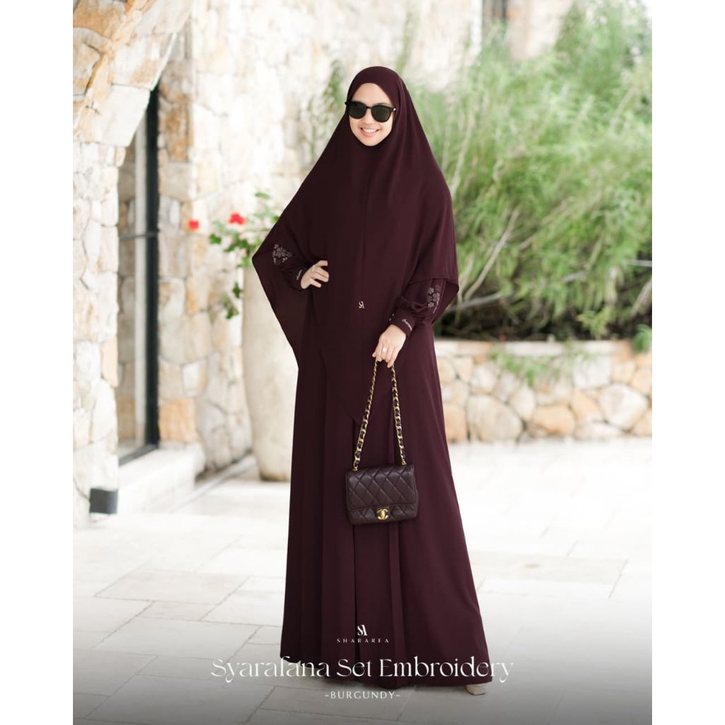 Syarafana Set Embroiderry Floral pattern embroidery sleeves ( Long dress & Khimar Syari) Original by