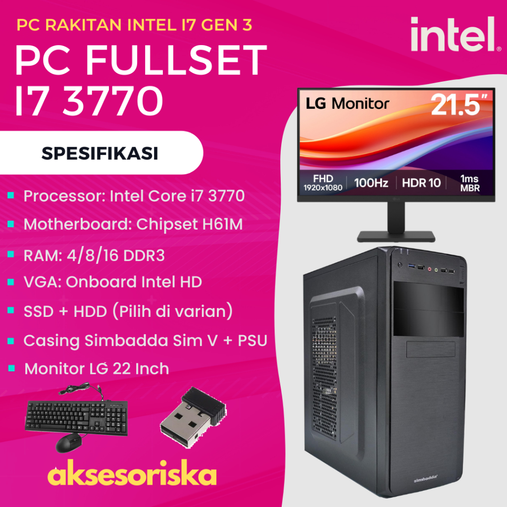 PAKET LENGKAP PC RAKITAN Intel Core i7 3770 KOMPUTER KANTOR MONITOR LED LG 22U401A 22" PC Rakitan i7