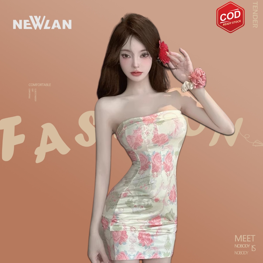 Newlan QZ266 Baju Dress Floral Gaun Pantai Wanita Casual Dress Mini Dress Motif Bunga Tanpa Korean S