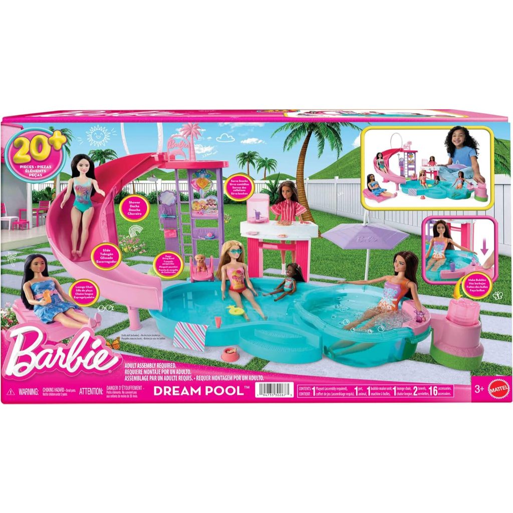 FREE ONGKIR Set Mainan Kolam Renang Impian Barbie dengan 6 Area Bermain, Termasuk Perosotan & Bak
