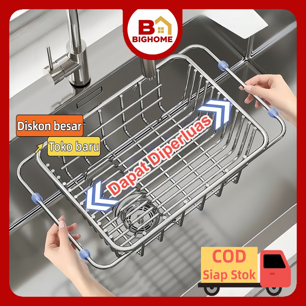 Bighome Rak Wastafel Dapur Rak Cuci Piring Rak Piring Stainless Steel Panjang yang Dapat Disesuaikan