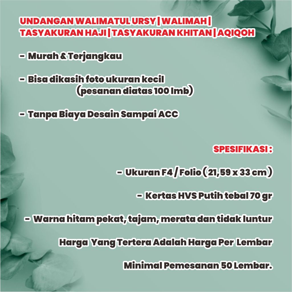 Undangan Walimah | Khitan | Hitam Putih | HVS Putih F4 / Folio Tebal 70 gr