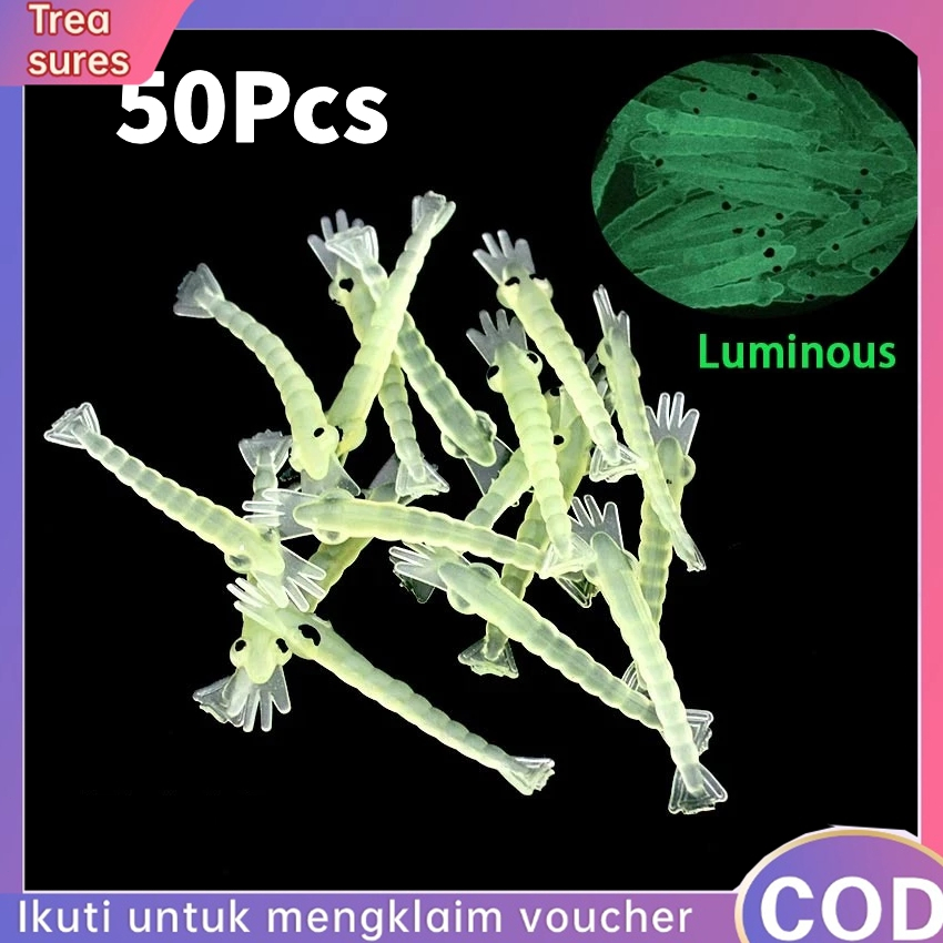 [Ready] 50 Pcs Umpan Pancing Udang Tiruan Kecil Bercahaya Soft Lure Udang Palsu Mancing 4cm