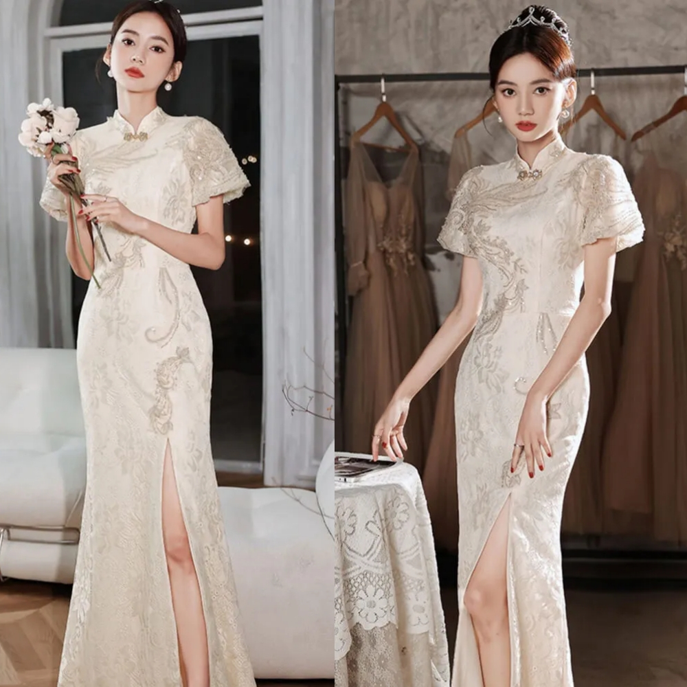 PEARLY CHAMPAGNE LUXURIOUS QIPAO CHEONGSAM TRADITIONAL GOWN [vyloved preloved]