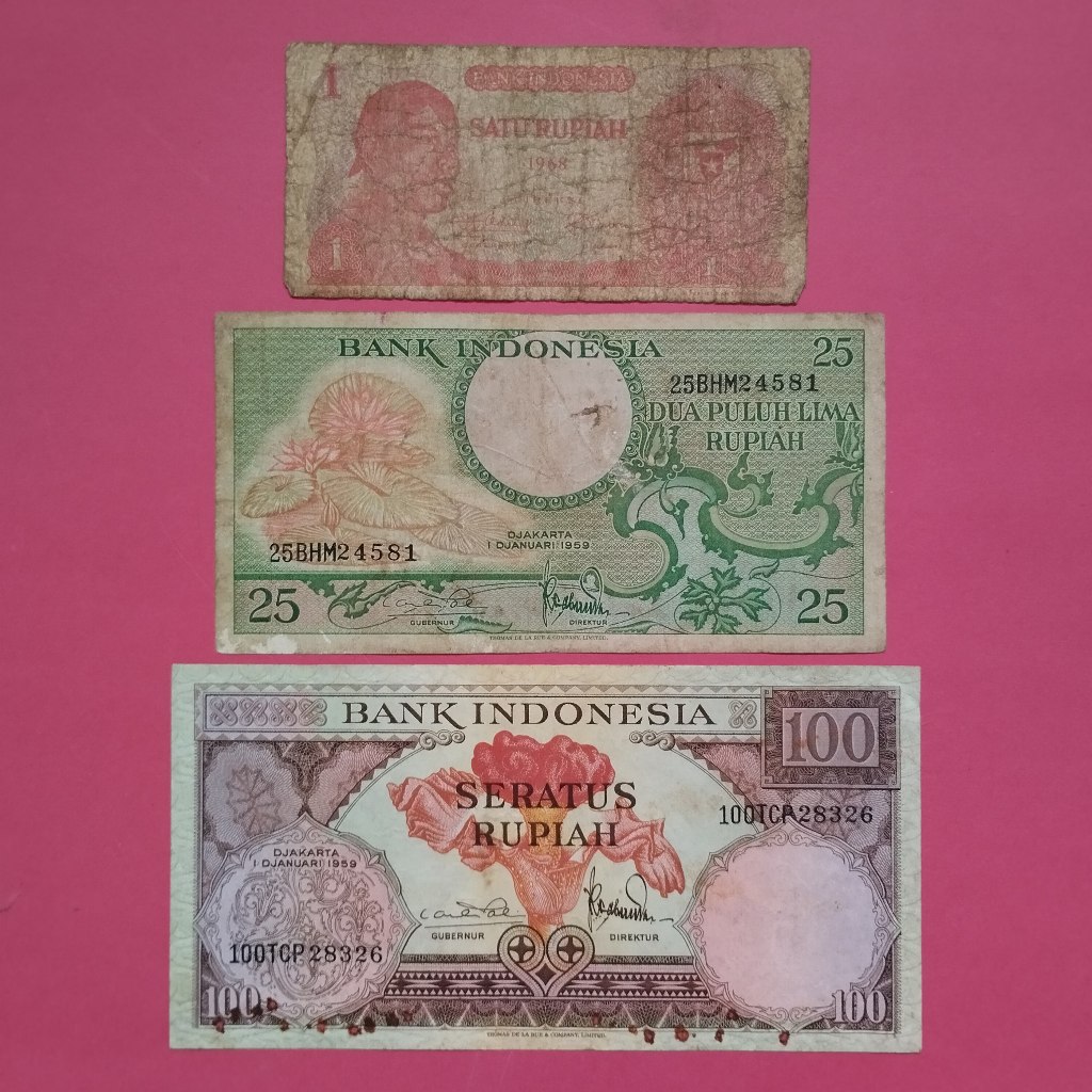 Uang Kuno Kertas Rp 1, Rp 25 Dan Rp 100 UK 036