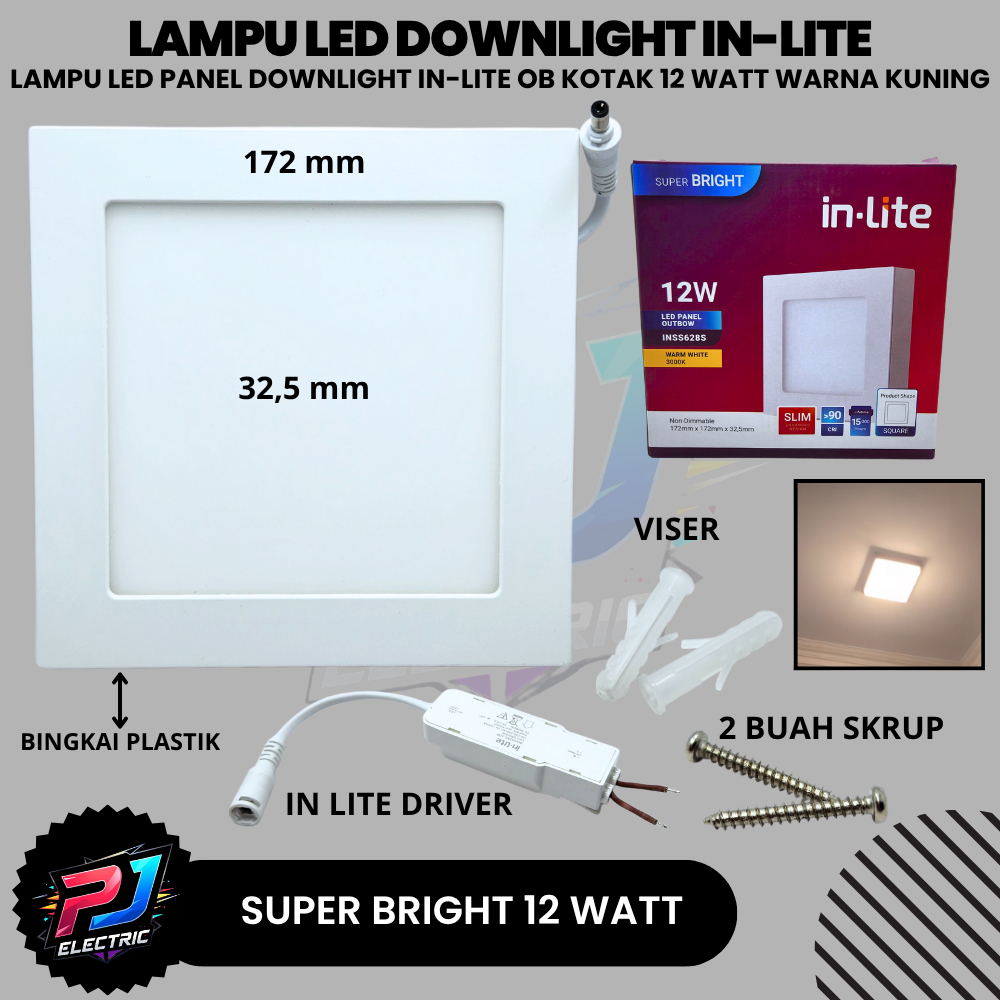 Lampu Panel Downlight LED 12W In-Lite Outbow KOTAK Cahaya Kuning Hangat Terang 12 WATT Lampu Plafon 