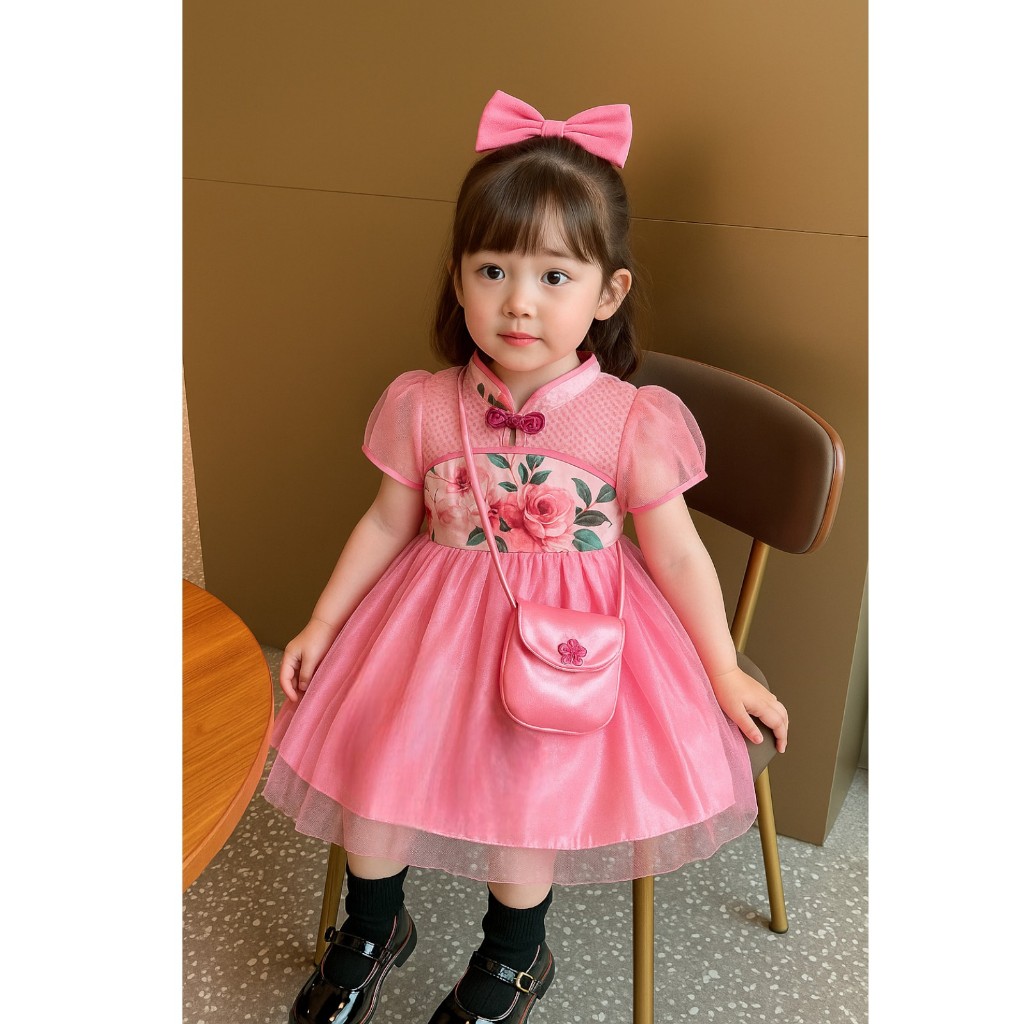 Dress Anak Perempuan Puring Bunga Pink Elegan + Tas Mini | Model Cheongsam Modern