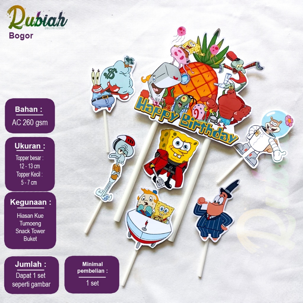 Custom Nama Foto Topper cake Spongebob Part 4 Hiasan Kue Ulang Tahun / Snack Tower