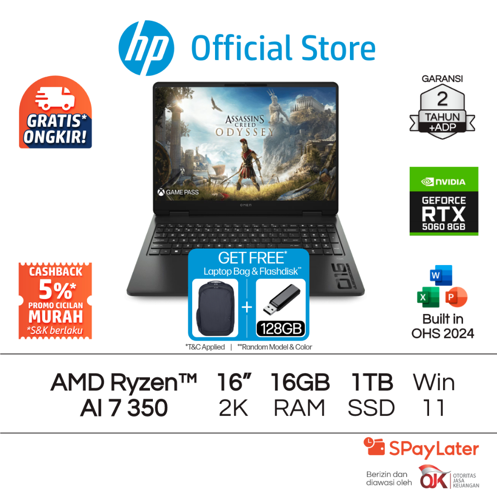 OMEN Laptop Gaming HP AMD Ryzen AI 7 NVIDIA GeForce RTX 5060 16GB RAM 1TB SSD Shadow Black Free Wind