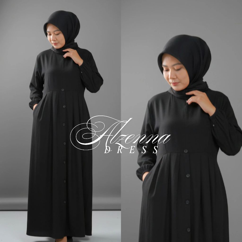 Gamis Alzena Dress Polos Variasi Kancing || Bahan Rayon Twill Ld 110-120 Muslim Wanita