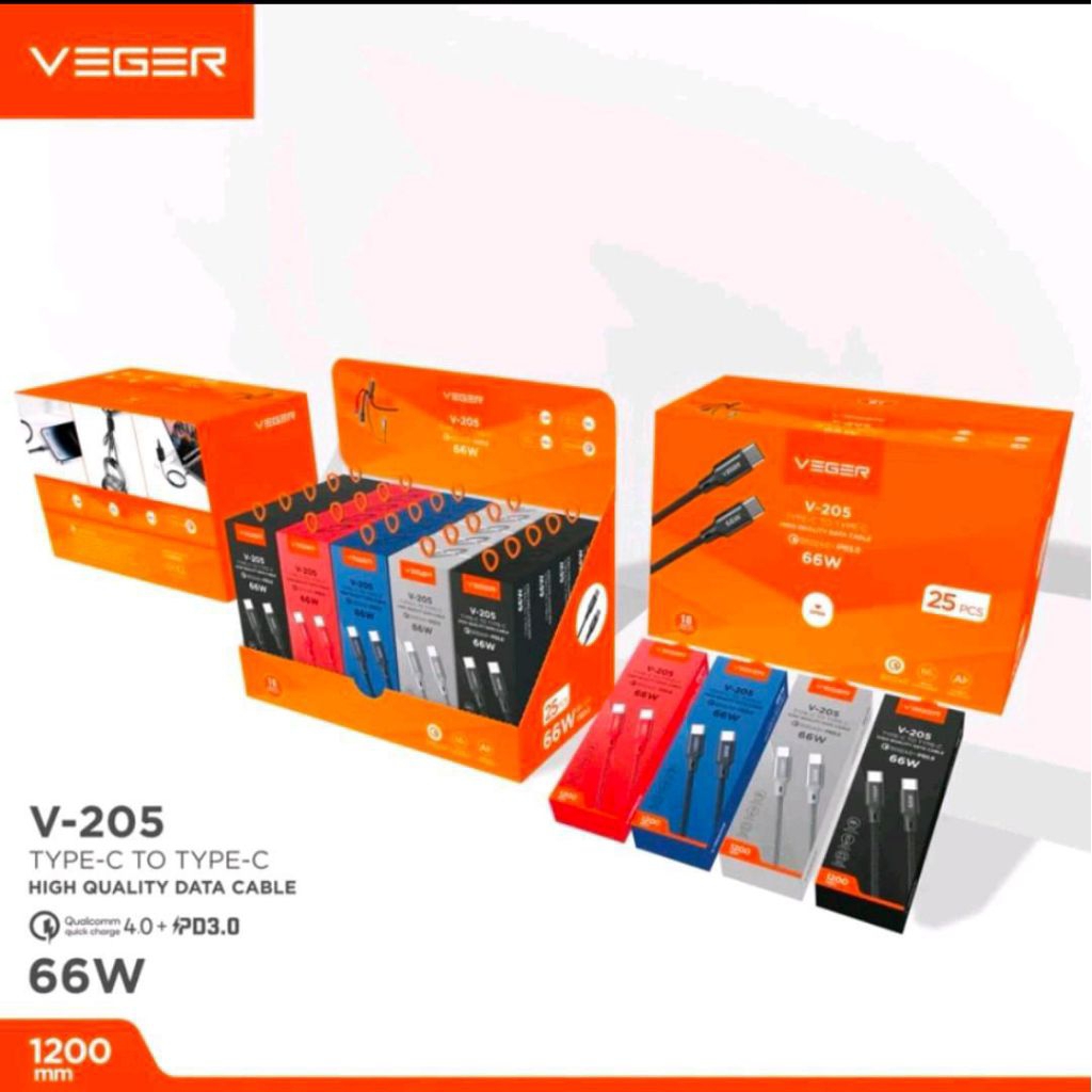 Kabel data veger type USB-C TO C 66W PD 120CM Original veger V-205